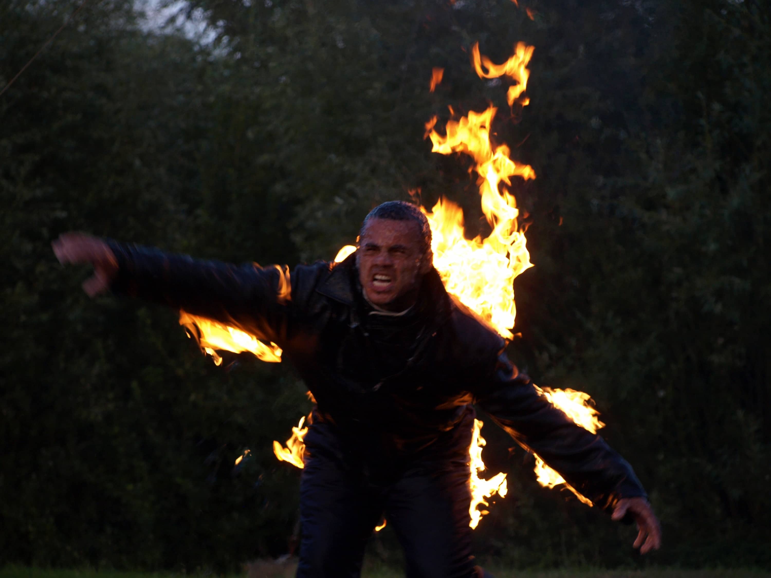 Burning Stuntman in videoclip, tv programma of film.